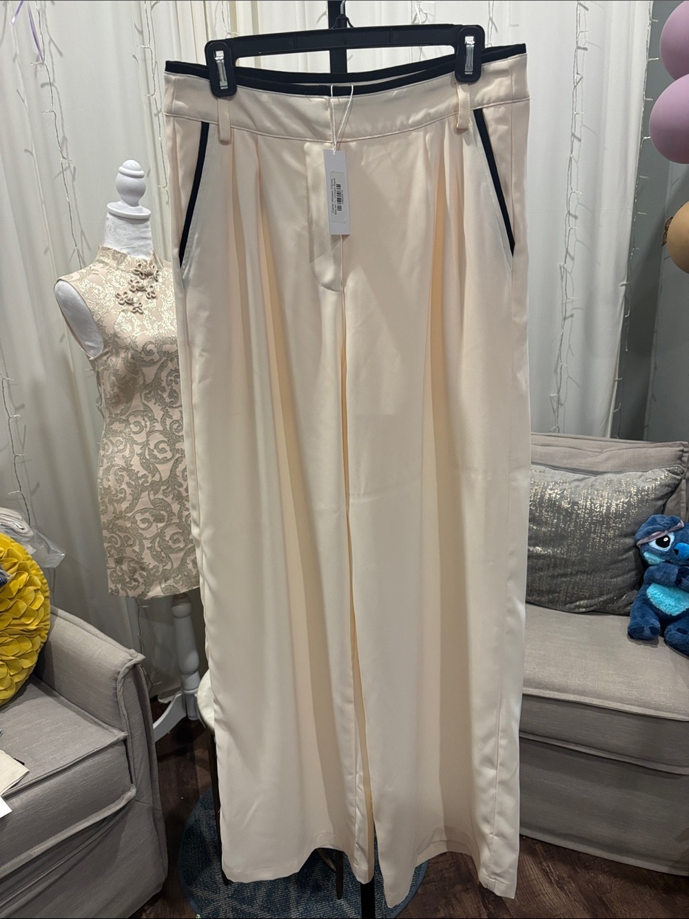Cream Wide-Leg Pants with Black Tuxedo Trim